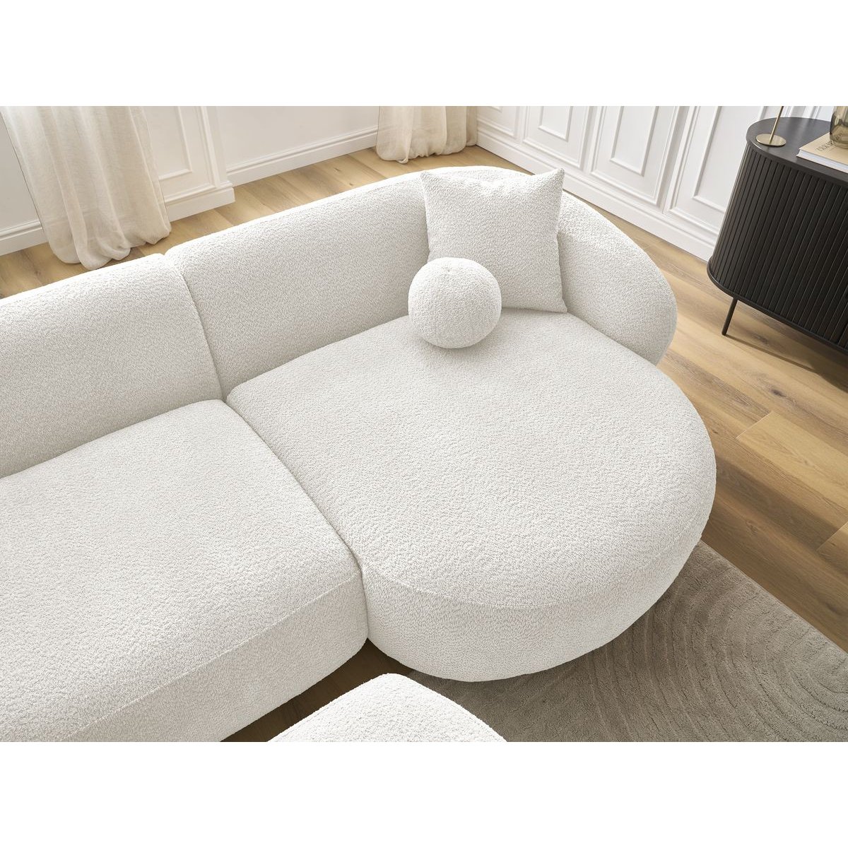 Canapé d'angle fixe 4 places en tissu bouclette avec pouf, ASHLEY blanc, BOBOCHIC