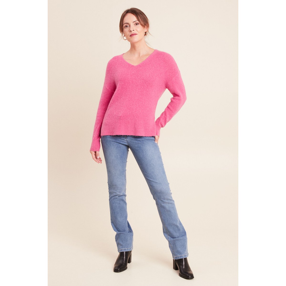Pull col v manches longues rose fushia, BREAL