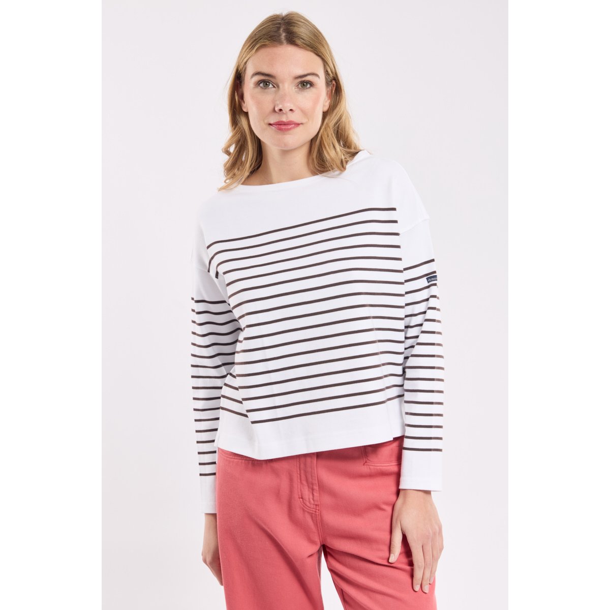 Marinière interlock en coton blanc/brown, ARMOR-LUX