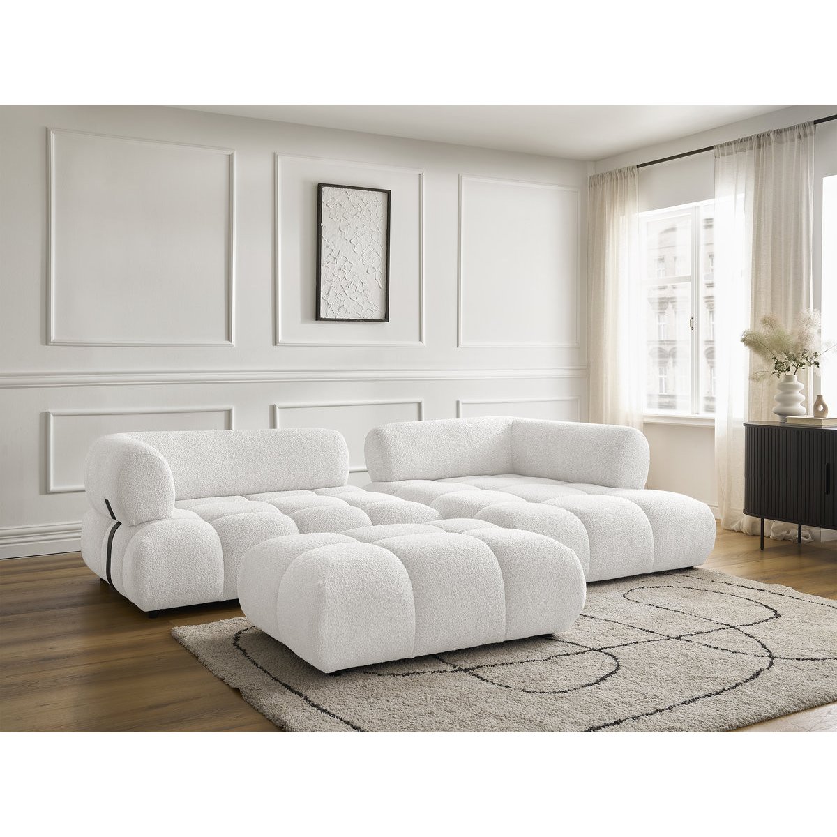 Canapé d'angle fixe 4 places en tissu bouclette avec pouf, ALYA blanc, BOBOCHIC