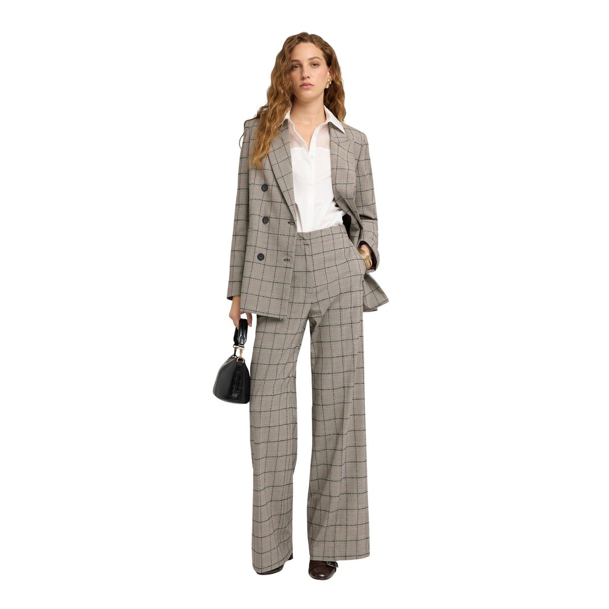 Pantalon palazzo à motif Prince de Galles gris, MOTIVI