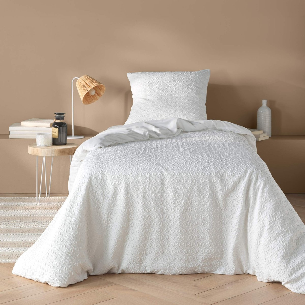 Parure de lit 2 pièces en coton réversible gaufré housse + taie blanc, DOUCEUR D'INTÉRIEUR