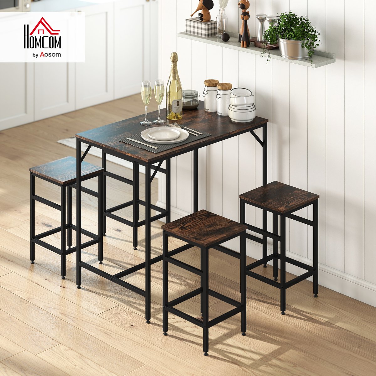 Ensemble de table de bar Métal Noir noir, chêne clair, HOMCOM