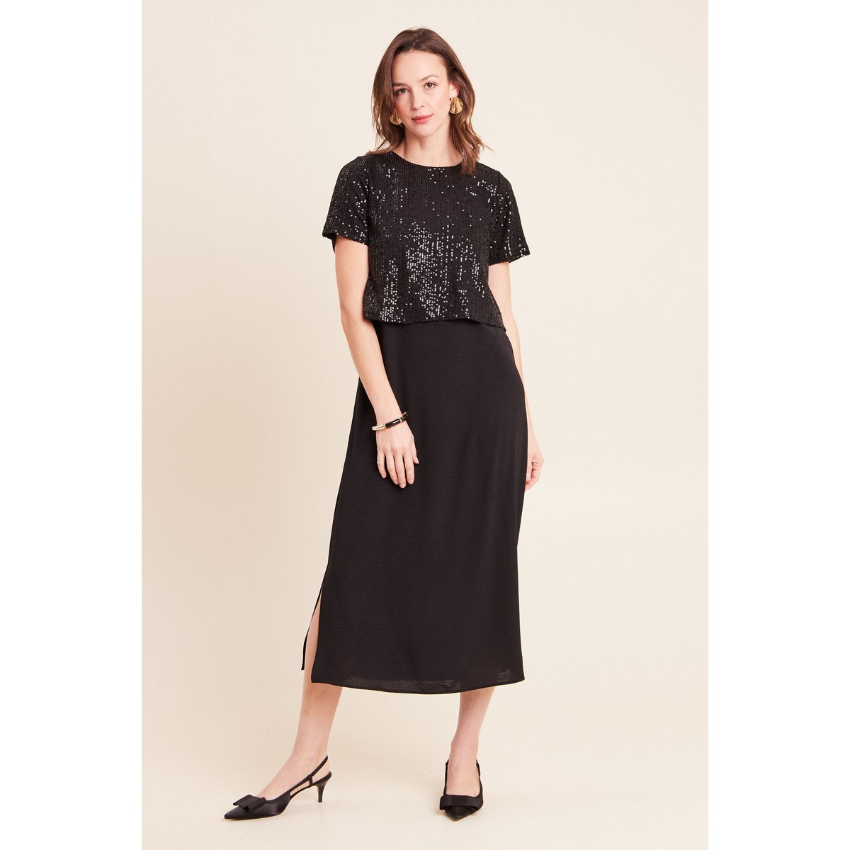 Robe longue évasée 2 en 1 col rond noir, BREAL