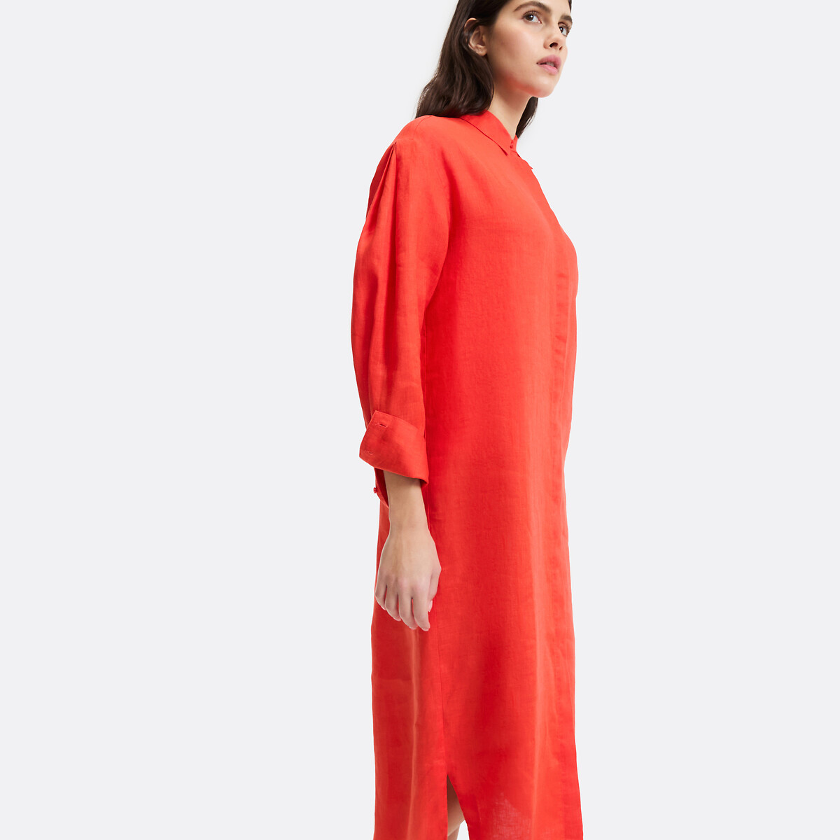 Robe-chemise droite, en lin, longue, manches longues rouge grenadine, LA REDOUTE COLLECTIONS