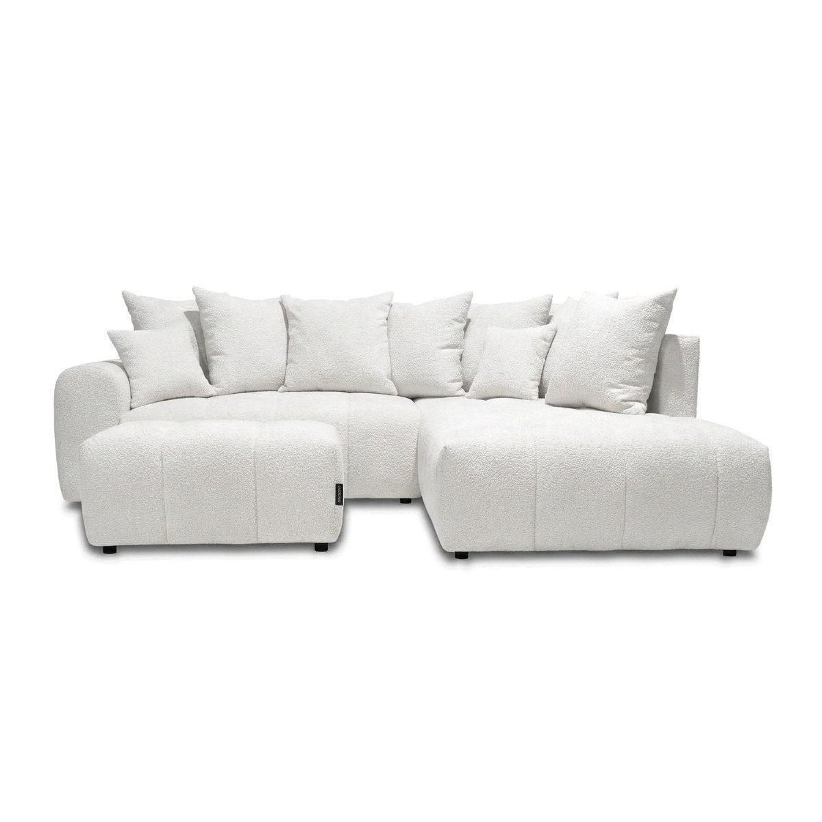 Canapé d'angle convertible 4 places en tissu bouclette avec pouf, ROXELANE blanc, BOBOCHIC