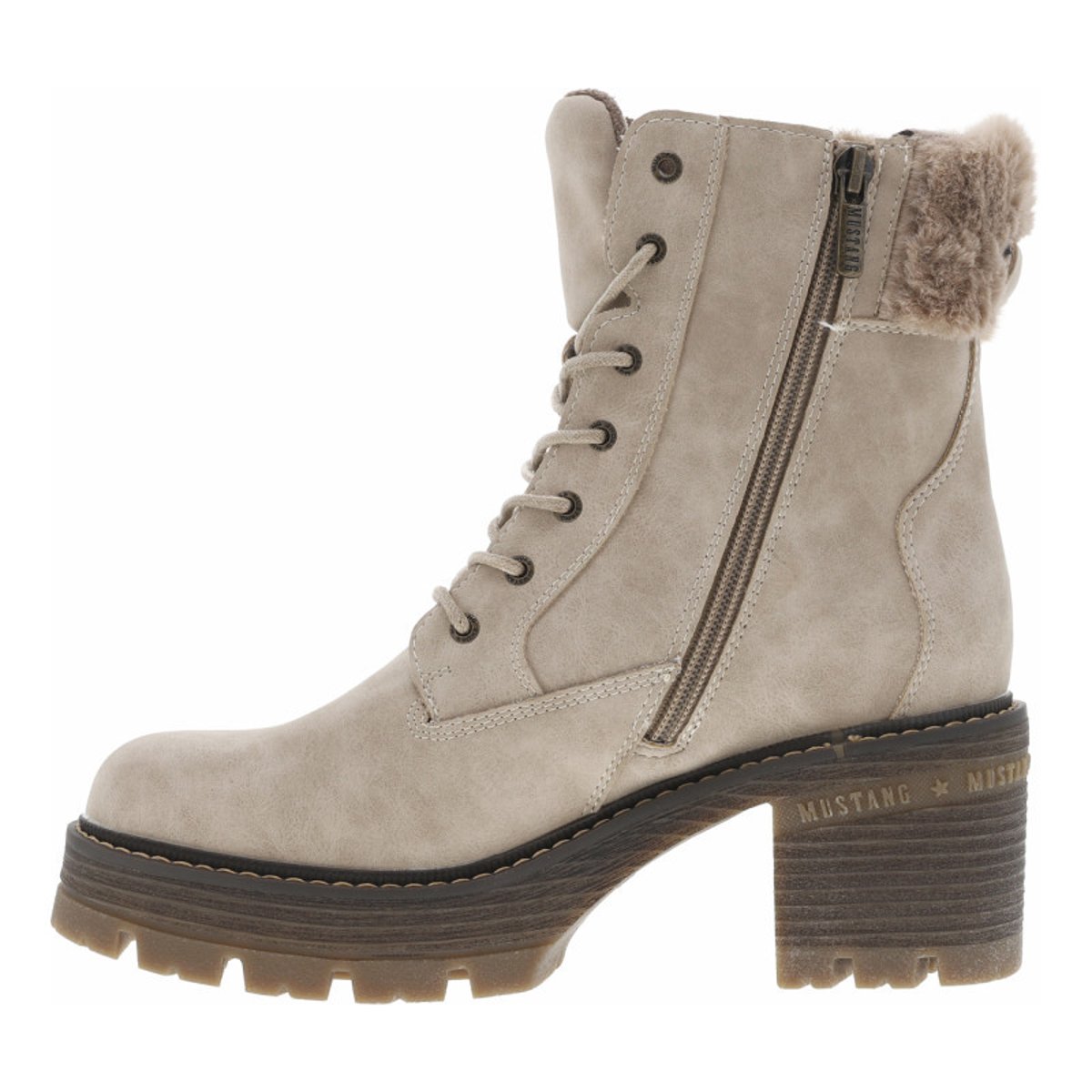 Bottines noisette à talon décroché moyen avec un zip et des lacets ronds taupe, MUSTANG