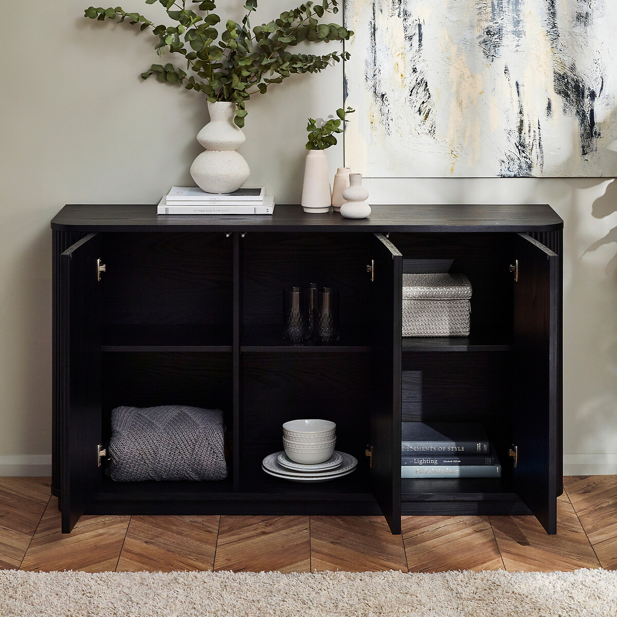 Lucien Fluted Wood 3 Door Sideboard black, SO'HOME