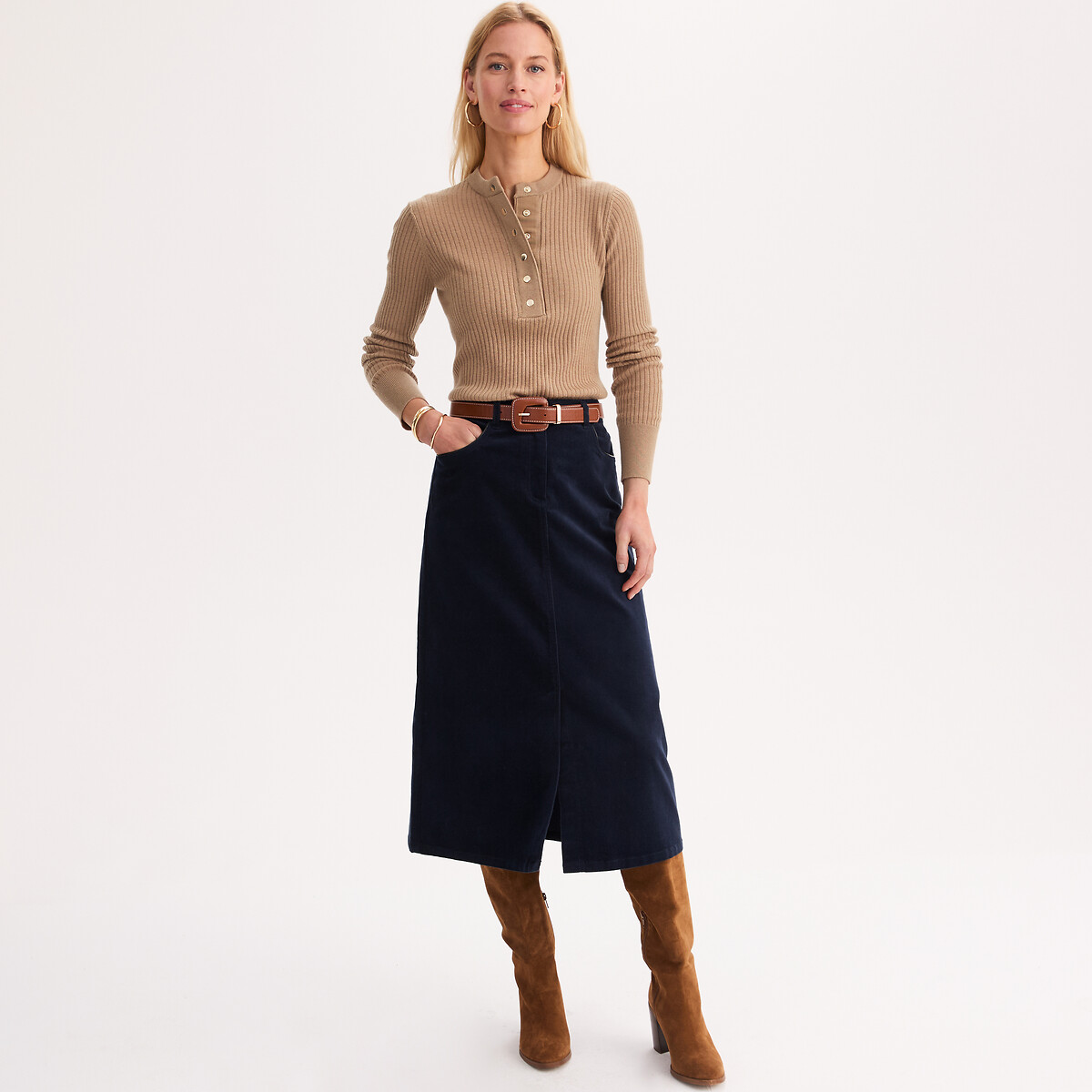 Wool Blend Ribbed Fine Soft Knit Crew Neck Jumper camel, ANNE WEYBURN