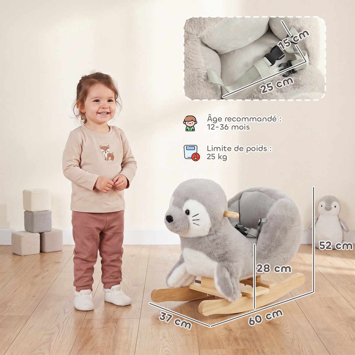 Cheval à bascule pour enfants Peluche gris et blanc, AIYAPLAY