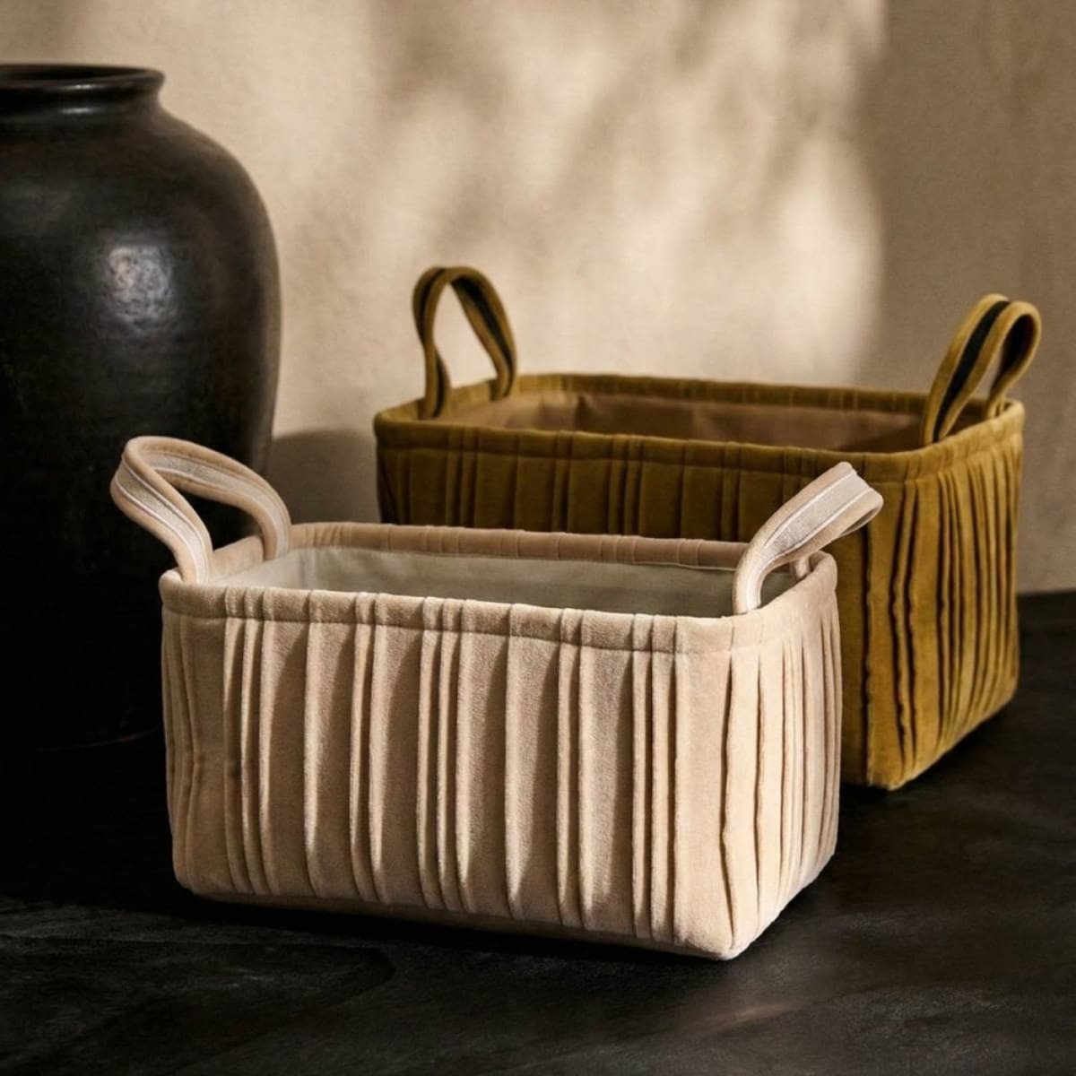 Set de 2 paniers en velours plissé marron, ORNAMI