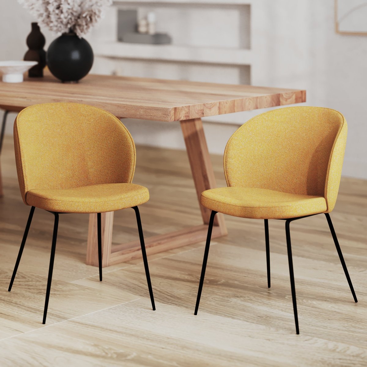 Lot de 2 chaises en tissu bouclette et pied en métal - GROOM jaune, MAISON PAVANE