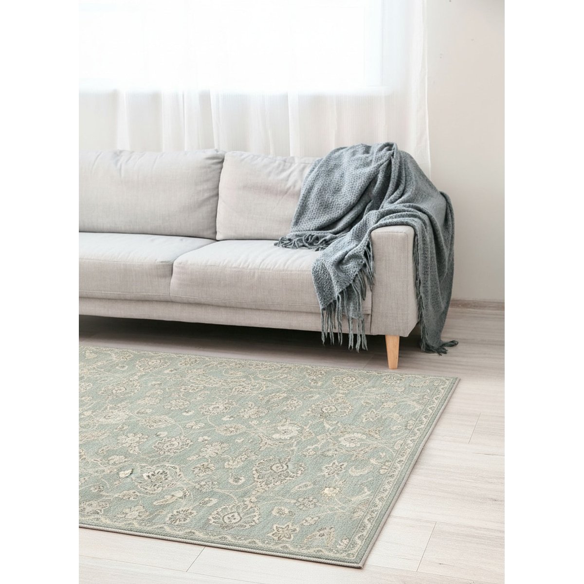 Tapis floral à poils ras très dense et doux CHAMBORD bleu naturel, AFK LIVING