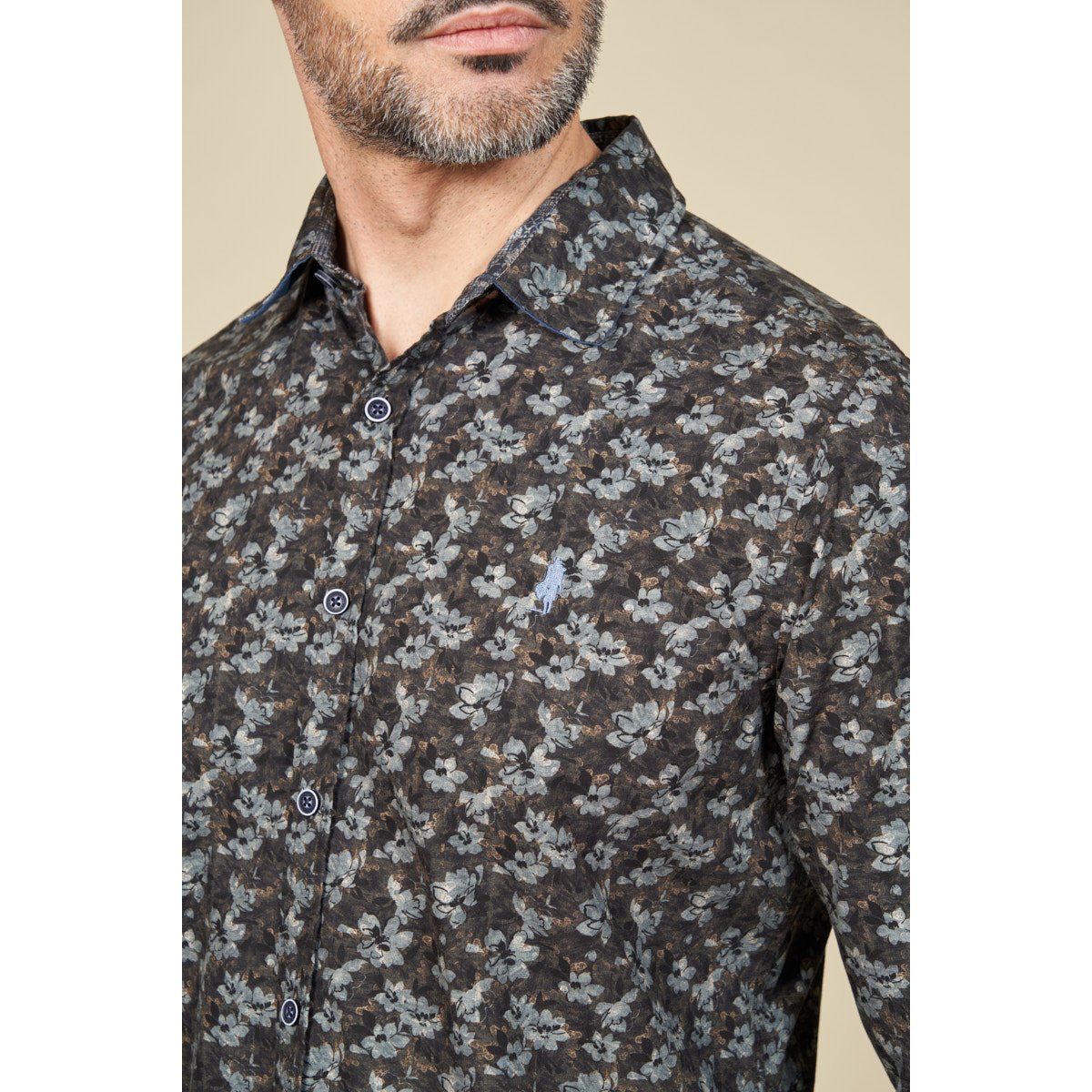 Chemise imprimée motif fleurs aquarelle bleu marine, MCS
