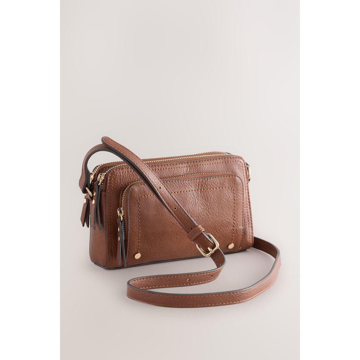Sac à bandoulière double zip marron fauve, NEXT