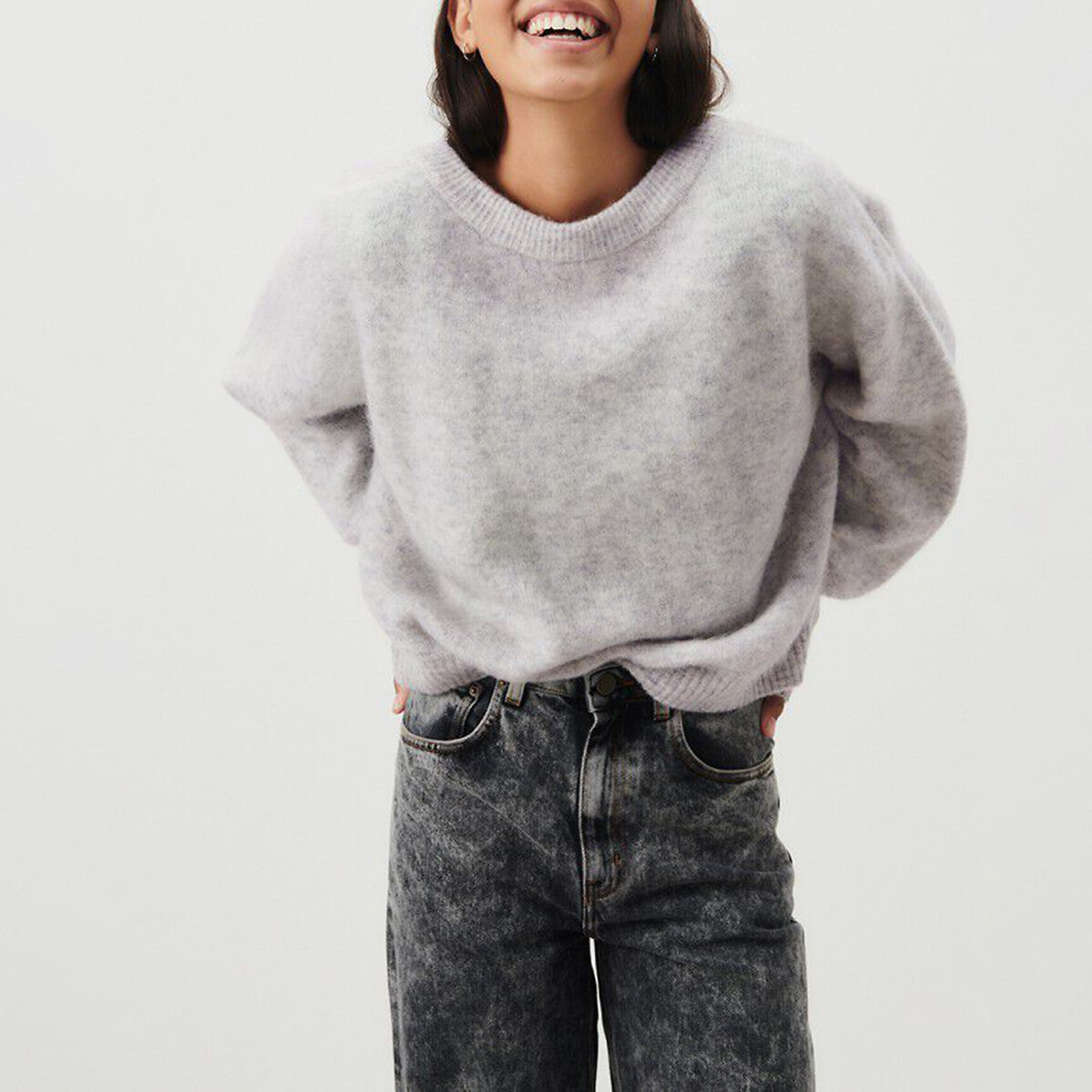 Oversize-Pullover VITOW, U-Boot-Ausschnitt hellgrau meliert, AMERICAN VINTAGE