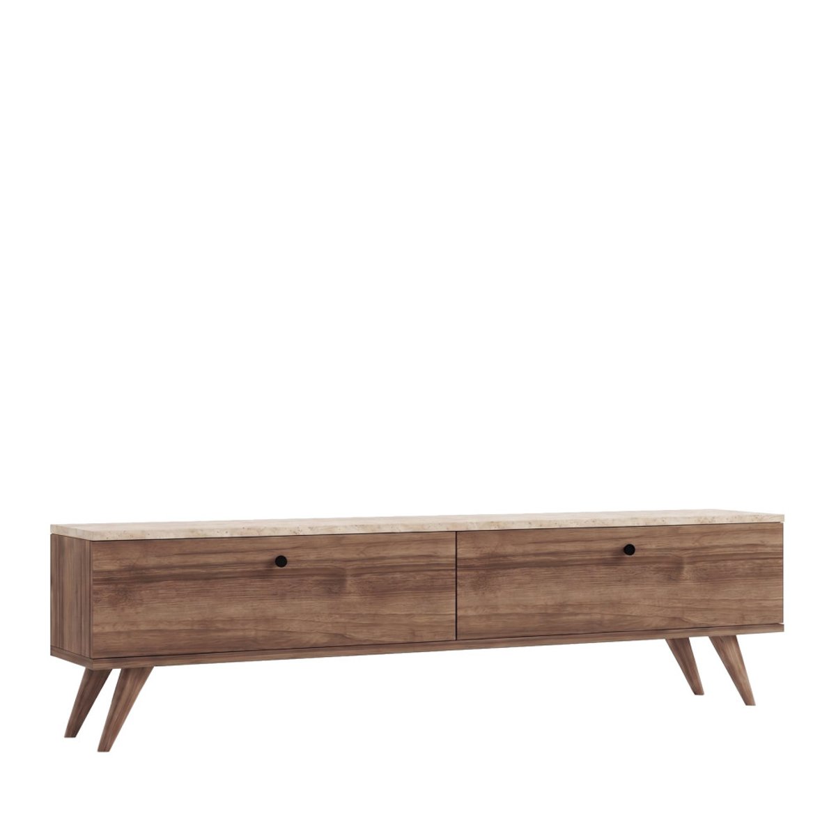 Meuble TV 2 portes plateau effet travertin et bois L140cm- YARA bois foncé, DRAWER