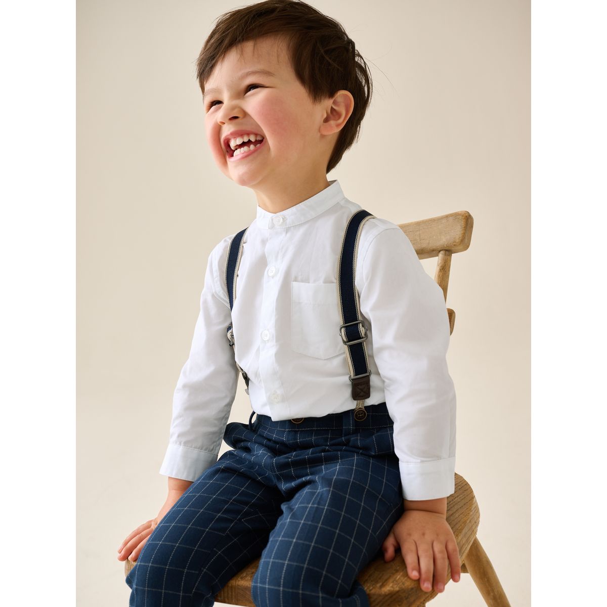 Ensemble chemise, pantalon et bretelles bleu marine à carreaux, NEXT