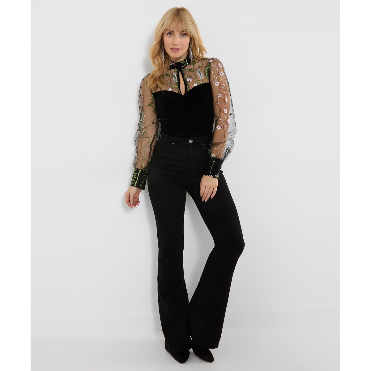 Blouse en Velours à Col Montant et Manches en Mesh Brodées noir, JOE BROWNS