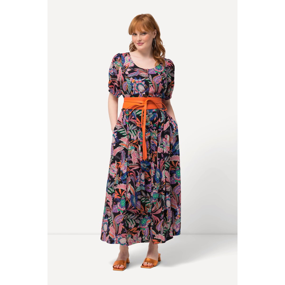 Robe, feuilles, mélange de lin, col rond noir, ULLA POPKEN
