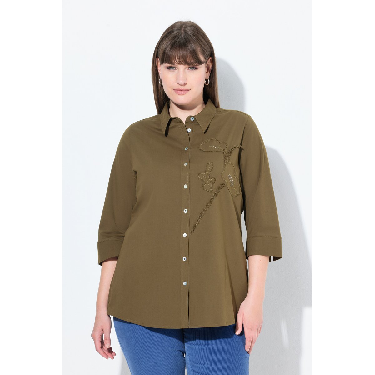 Chemisier en coton bio, fleurs olive, ULLA POPKEN
