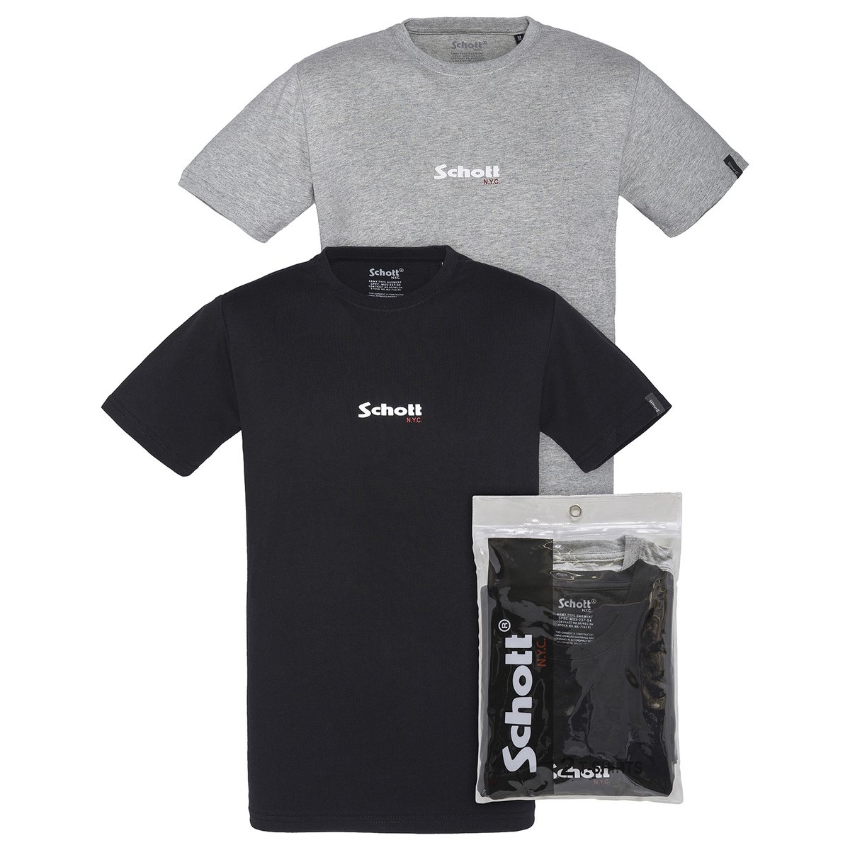 Lot De 2 T-shirt Col Rond Logo Schott noir + gris chiné, SCHOTT