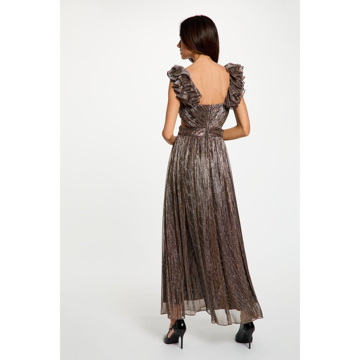 Robe longue col v couleur bronze, MORGAN