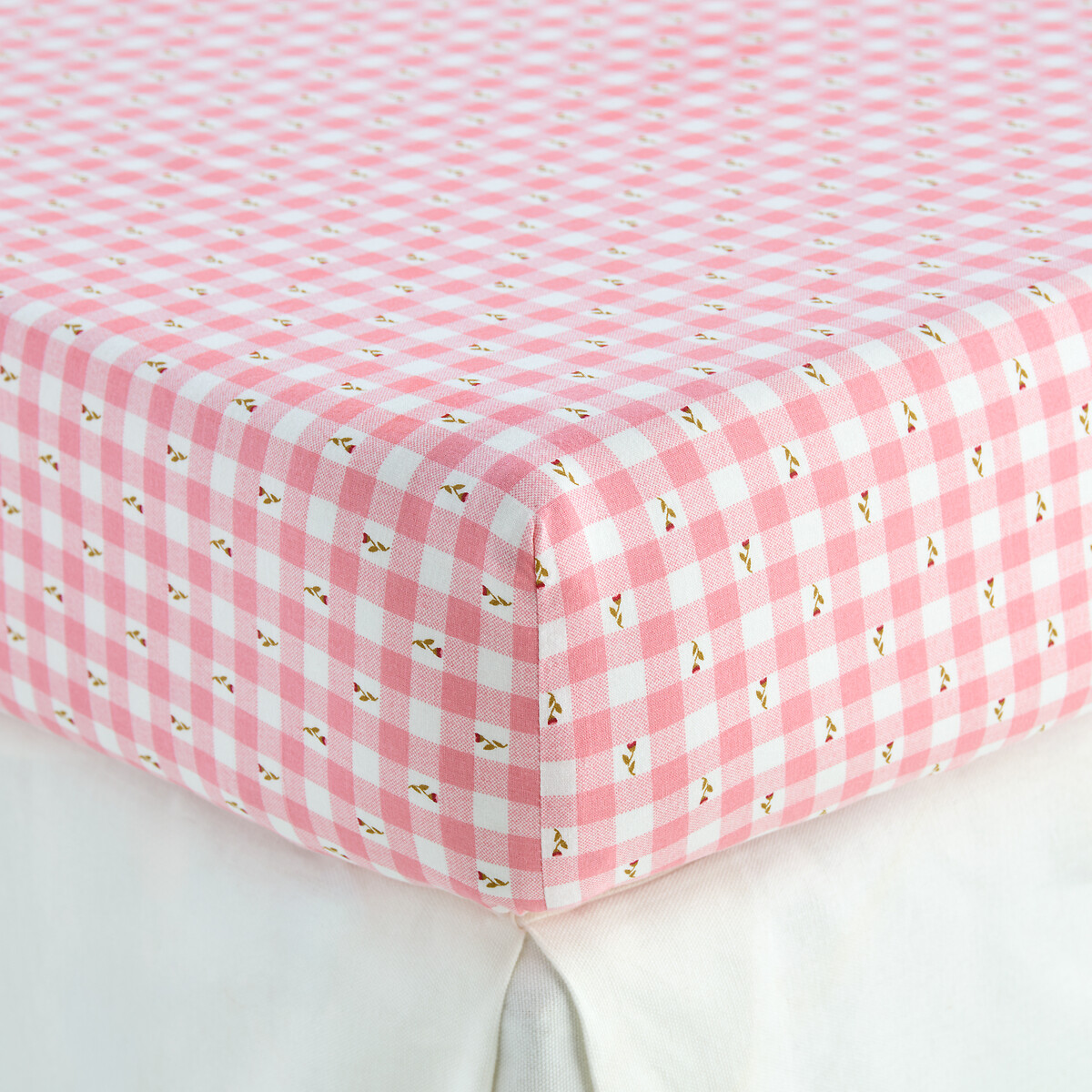 Drap-housse en coton lavé, Vichy fleuris imprimé fleur, LA REDOUTE INTERIEURS