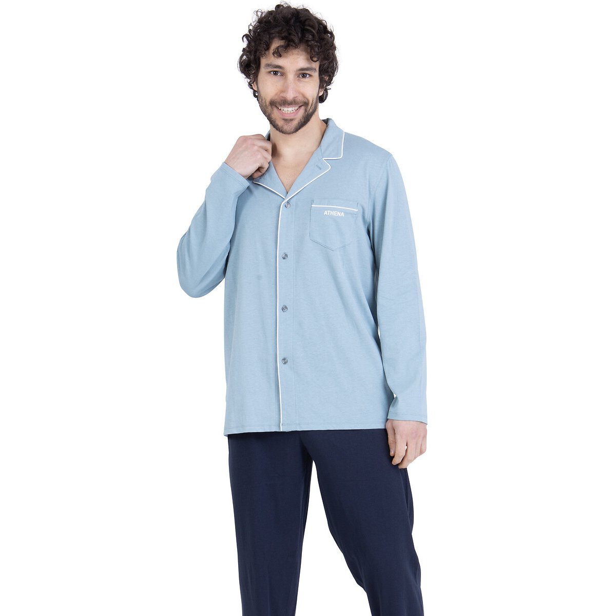 Pigiama lungo in cotone, collo a camicia blu/marine, ATHENA