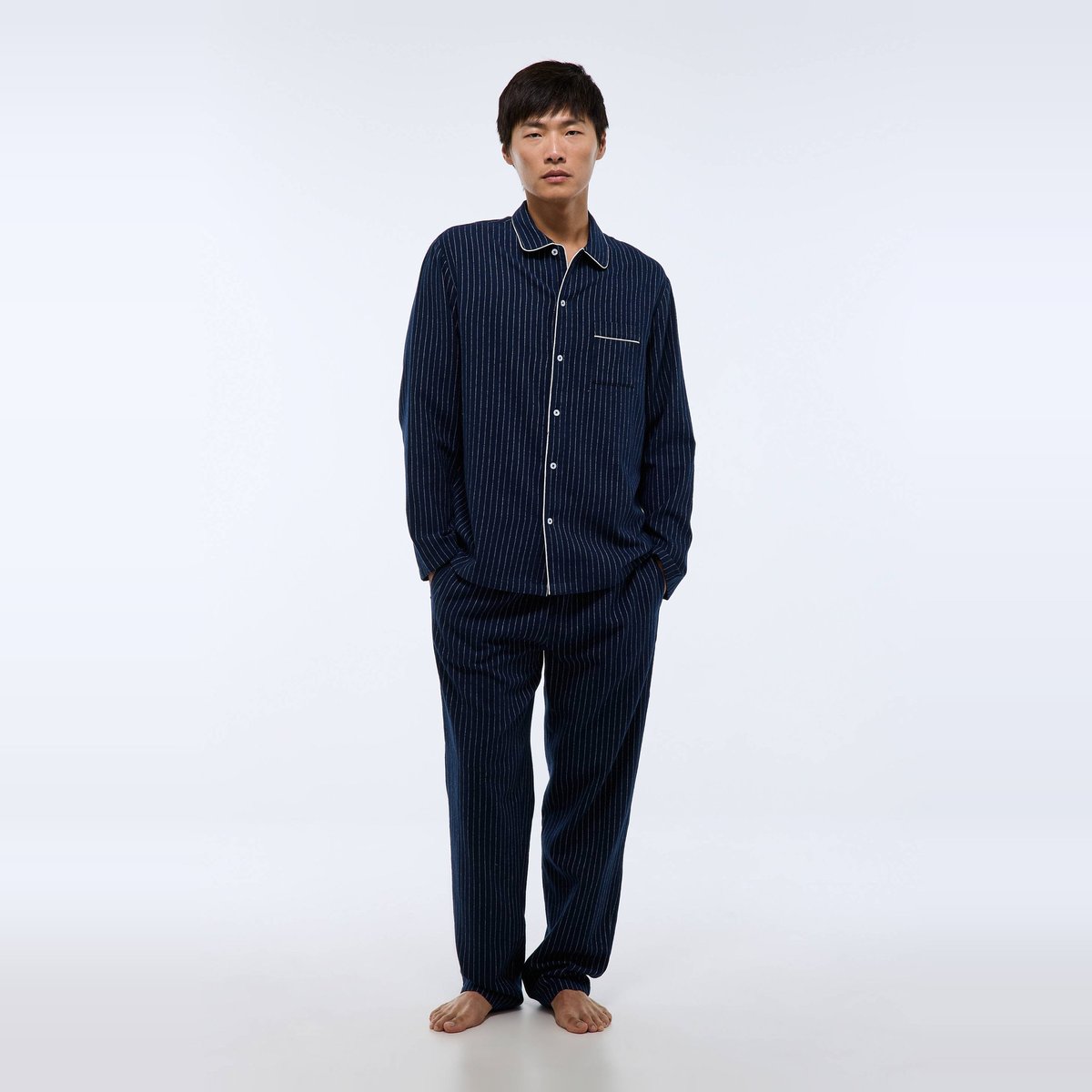 Pyjama chemise manches longues et pantalon gratté en coton GOTS à rayures marine, MONOPRIX