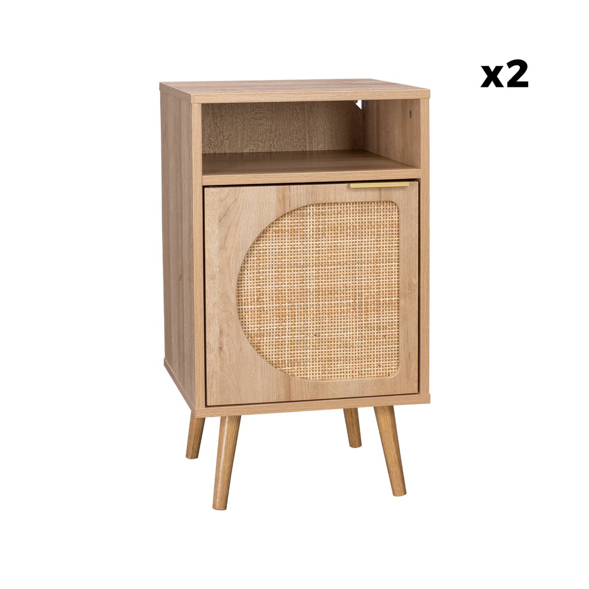 Table de chevet décor bois et cannage arrondi 1 porte (lot de 2) EVA naturel, SWEEEK