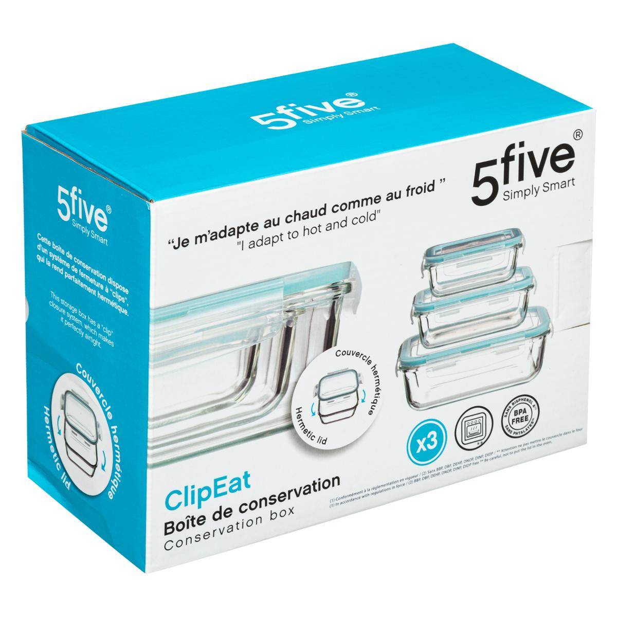 Lot de 3 petites boîtes de conservation CLIPEAT bleu, 5FIVE SIMPLY SMART