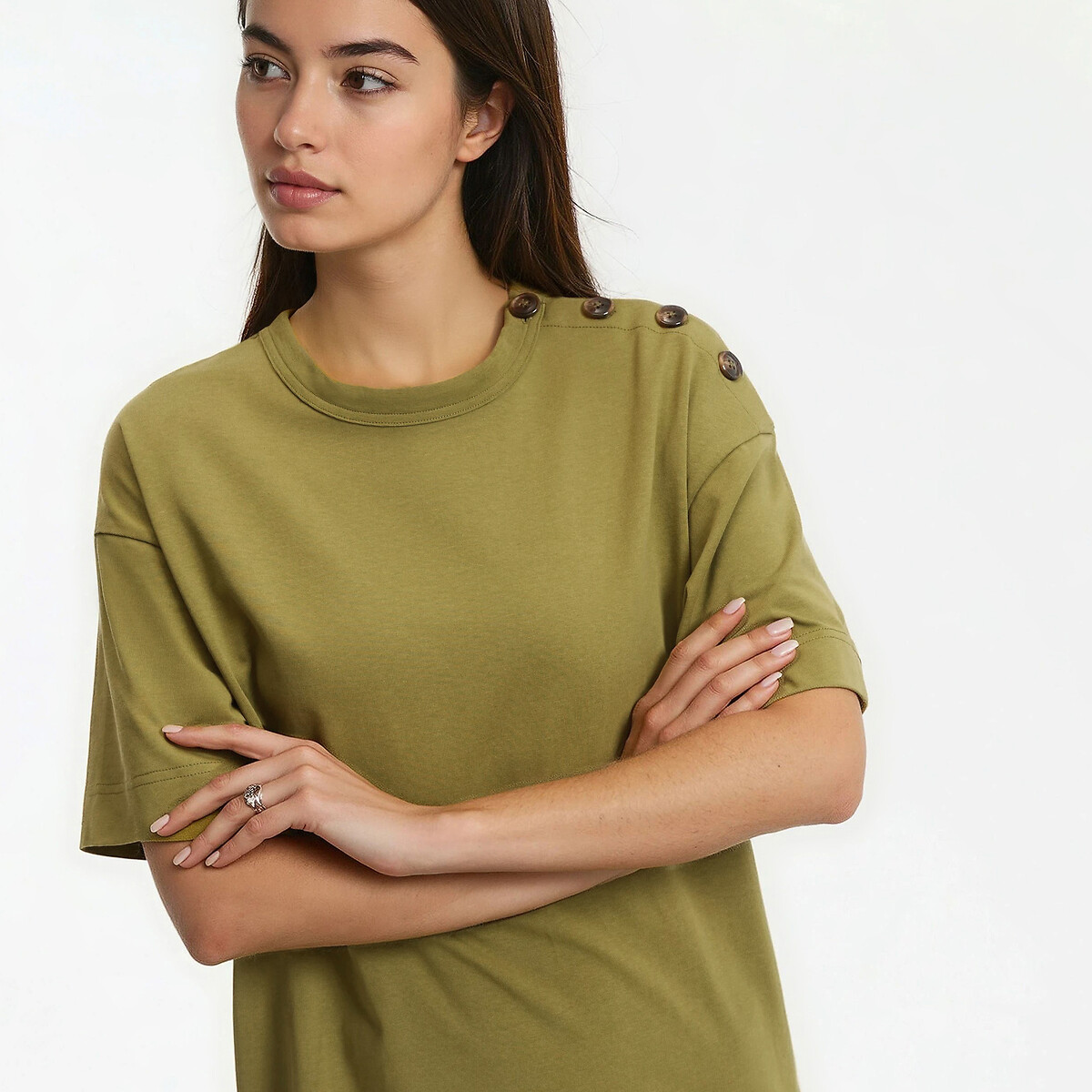 Lange jurk in jersey, knoopsluiting op de schouder olijfgroen, LA REDOUTE COLLECTIONS