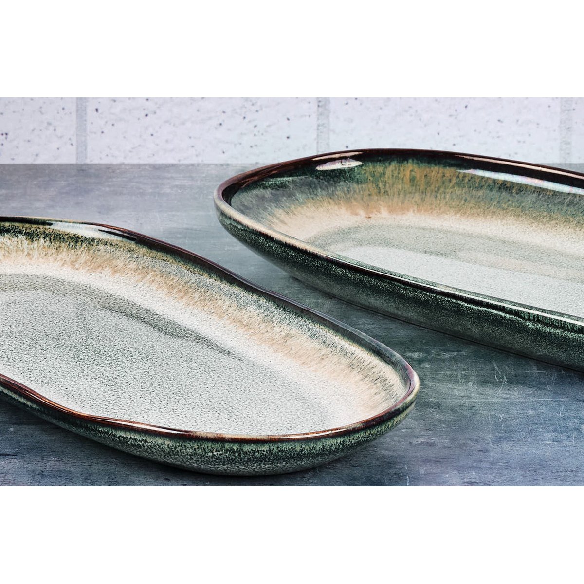 Lot de 3 plateaux & plats à four en grès, GENESIS dégradé bleu gris kaki, BJORN