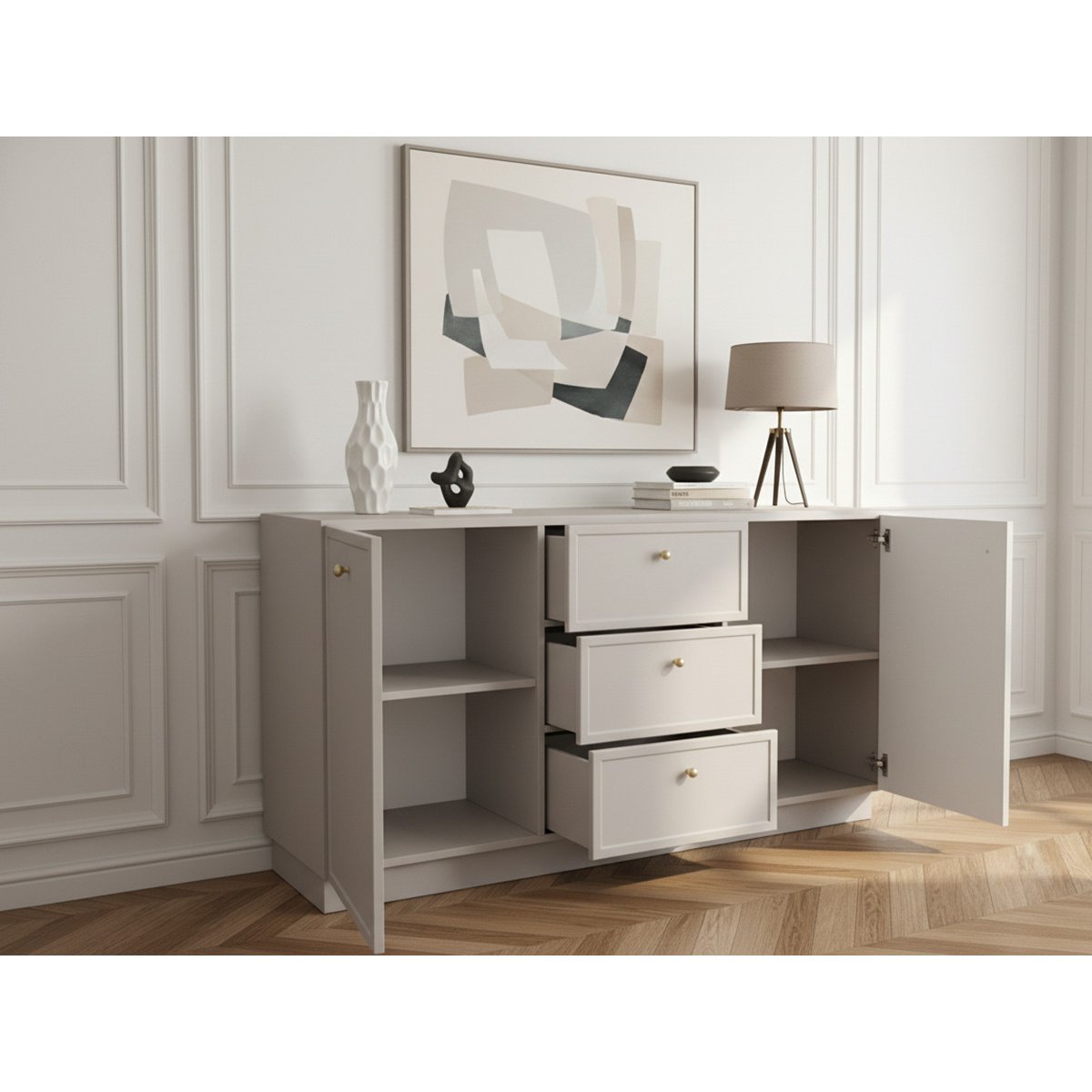Buffet  en panneaux de particules 2 portes 3 tiroirs 150 cm, LORINA beige, BOBOCHIC