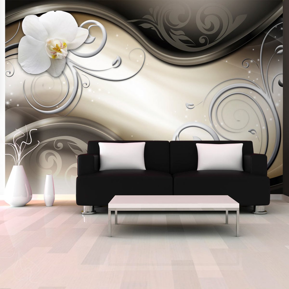 Papier peint intissé panoramique Fleurs This right way gris / argent, EDEN