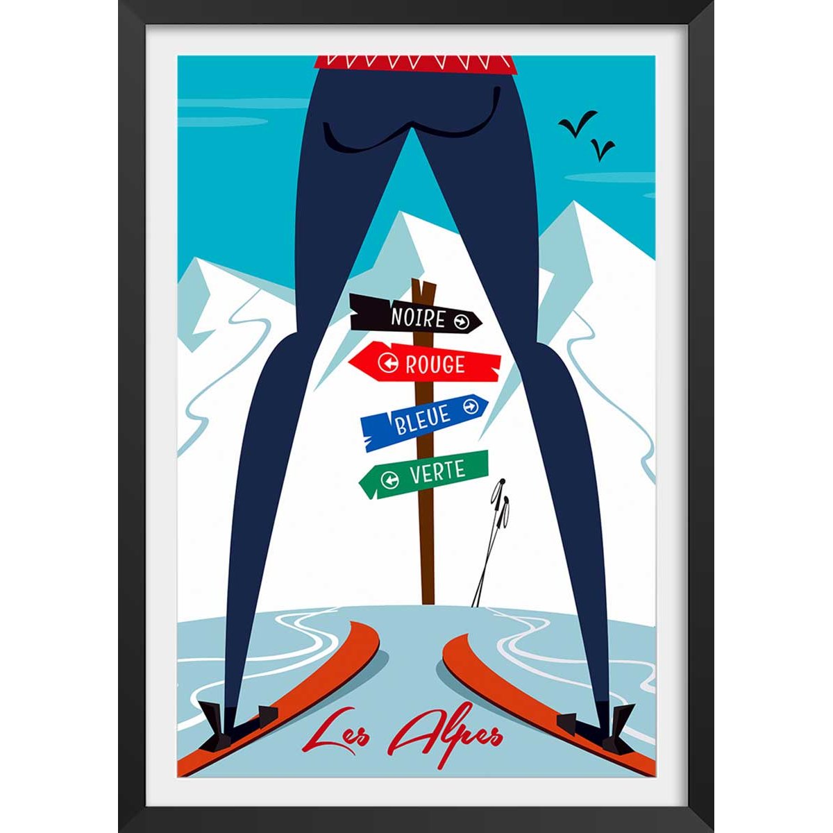 Poster retro piste noire…ou verte! affiche + cadre en bois - noir, HEXOA