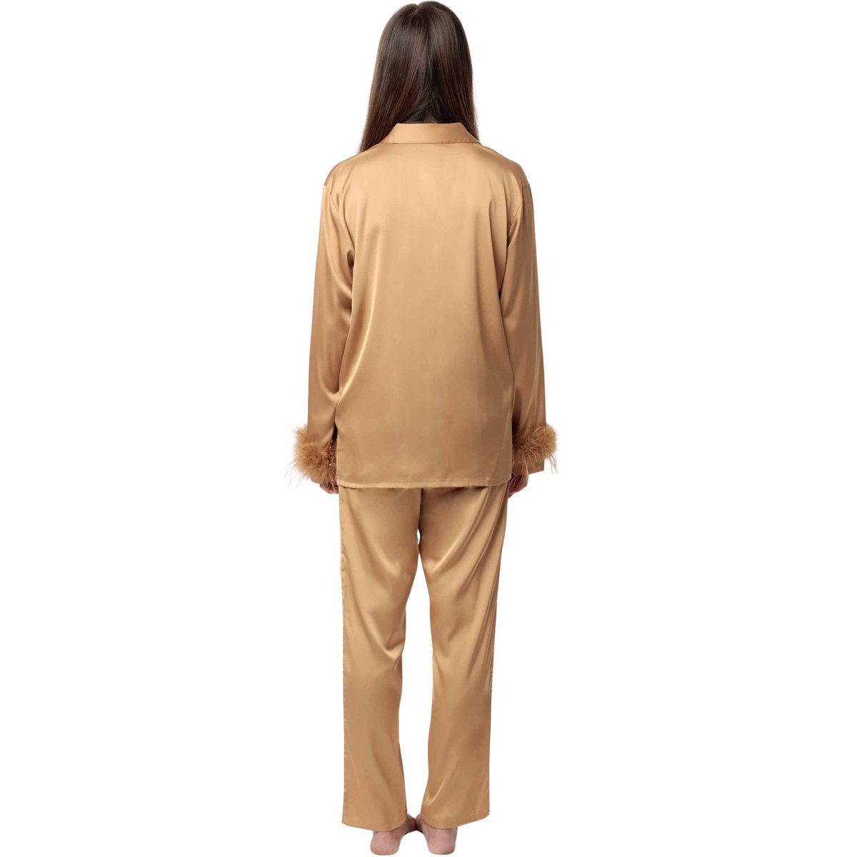 Pyjama satin chemise et pantalon plumes amovibles Plumas Marabu Luxe or, ADMAS