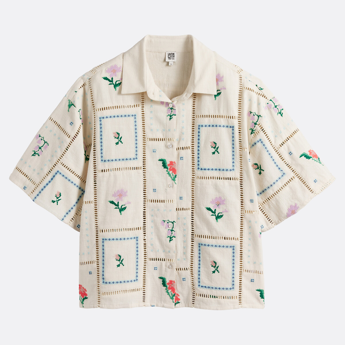 Chemise manches courtes brodée et ajourée ivoire brodé, LA REDOUTE COLLECTIONS