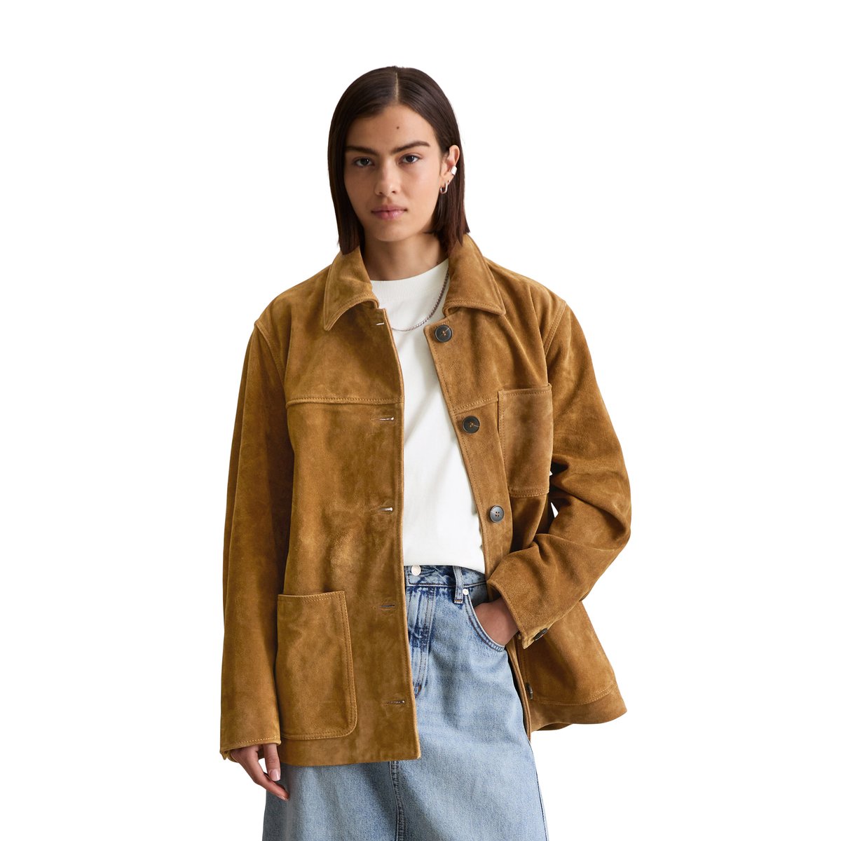 Veste en cuir velours relaxed dans le style barnjacket marron, MARC O’POLO DENIM