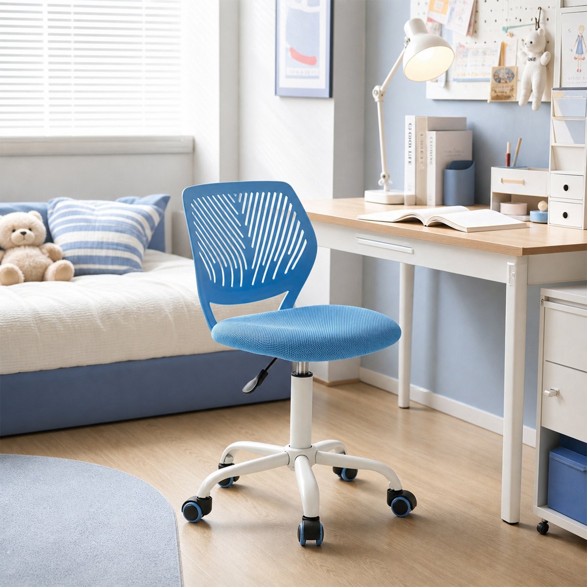 Chaise de bureau pivotante réglable en hauteur en maille, CARNATION bleu, MEUBLES COSY