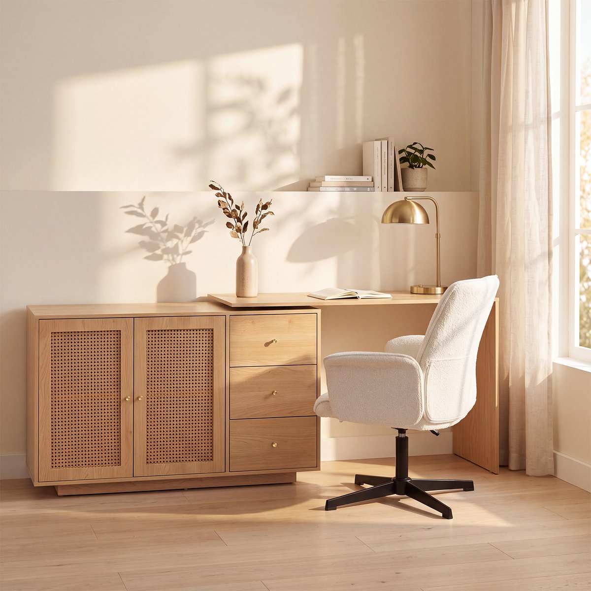 Ensemble de bureau d’angle rotatif avec portes rotin et chaise de bureau, DICCPERNTHOMASINAB blanc, MEUBLES COSY