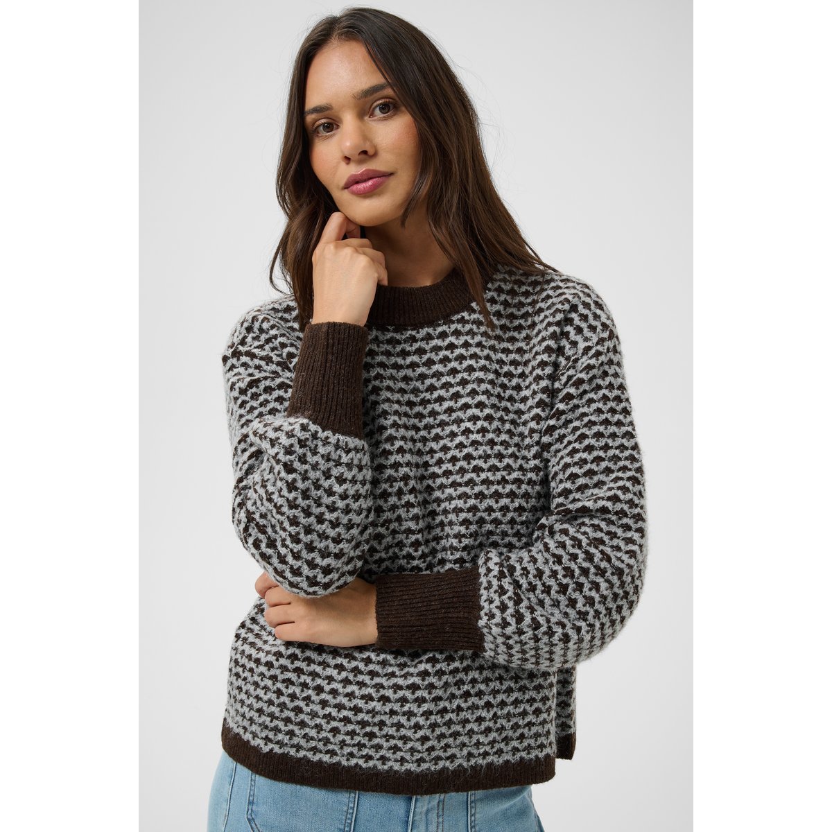 Pullover tricoté marron gris coffee bean m./grey m. pattern, KAFFE