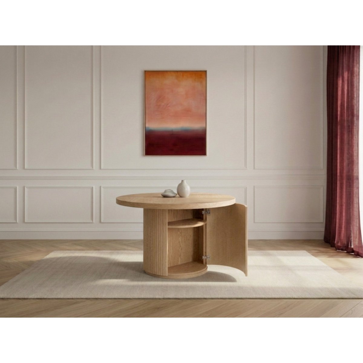 Table à manger ronde extensible 120 à 204 cm PRADO placage chêne massif avec rangements marron clair, BOBOCHIC