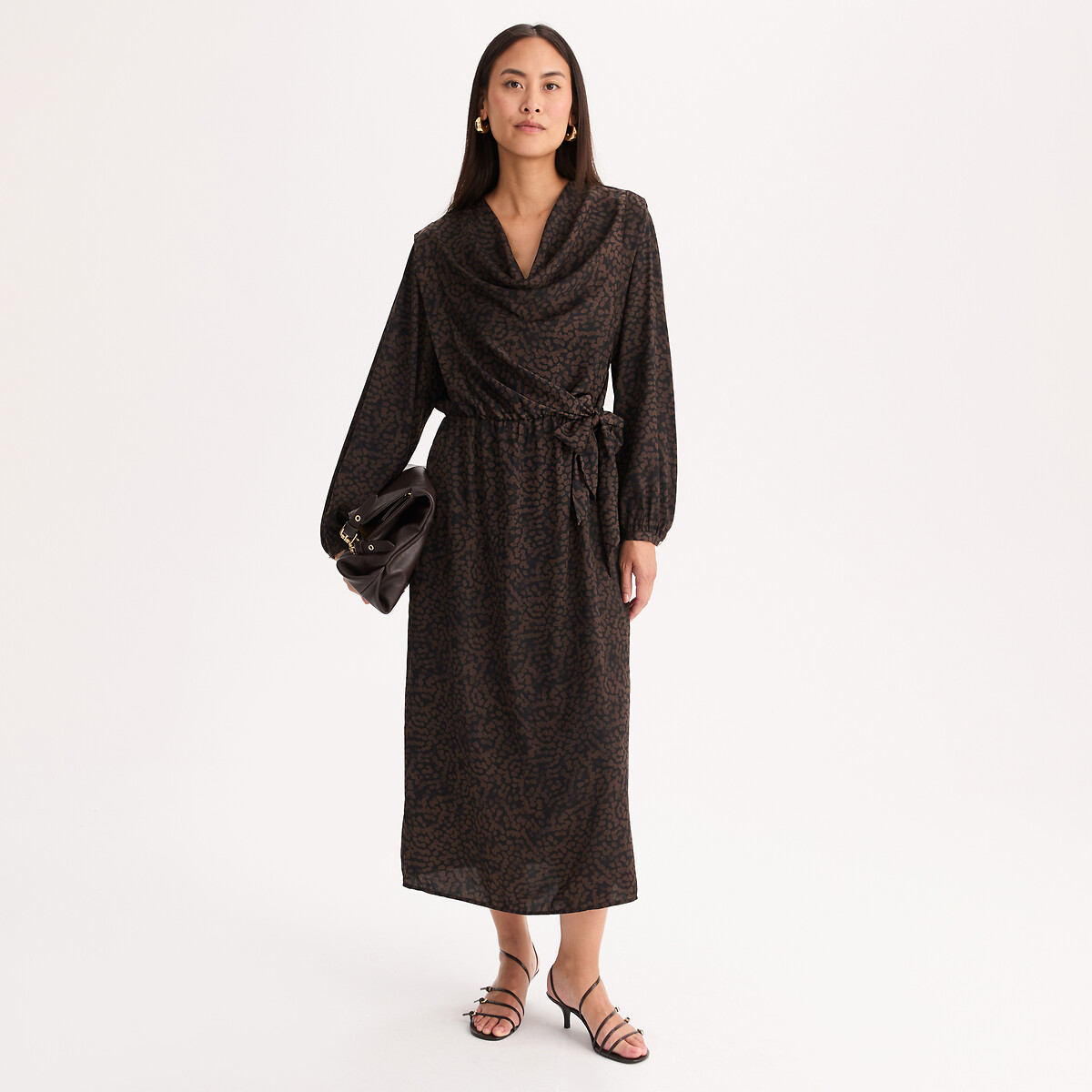 Robe fluide longueur midi, manches longues, imprimée imprimé animalier, ANNE WEYBURN