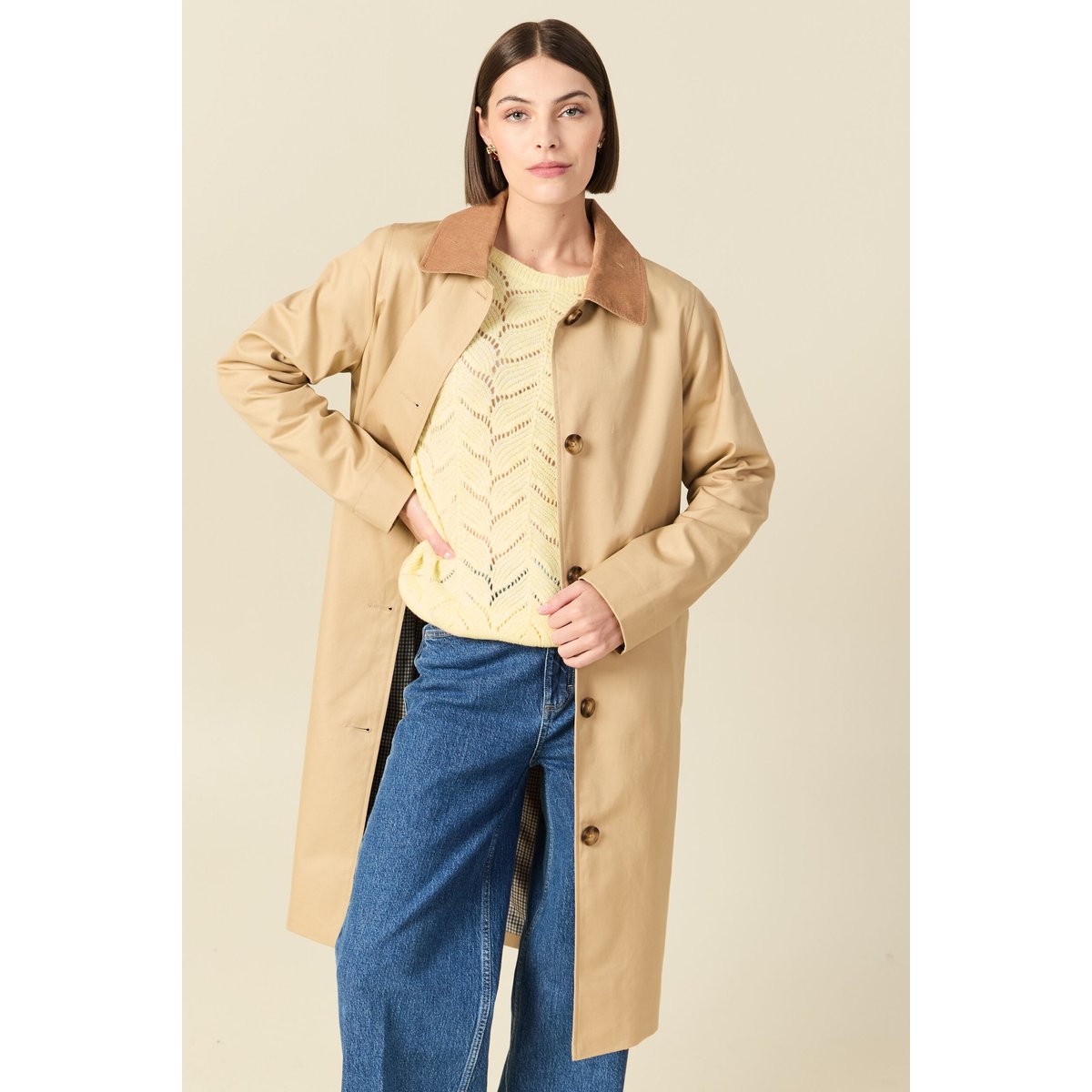 Imperméable long droit col tailleur beige, BONOBO