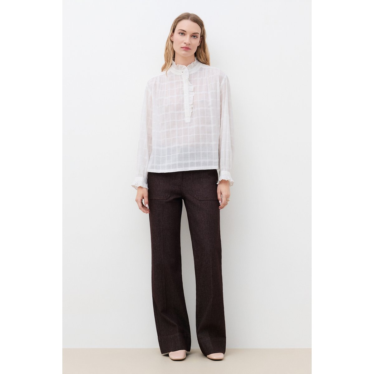 Chemisier droit col montant CFLEUR ecru, CAROLL