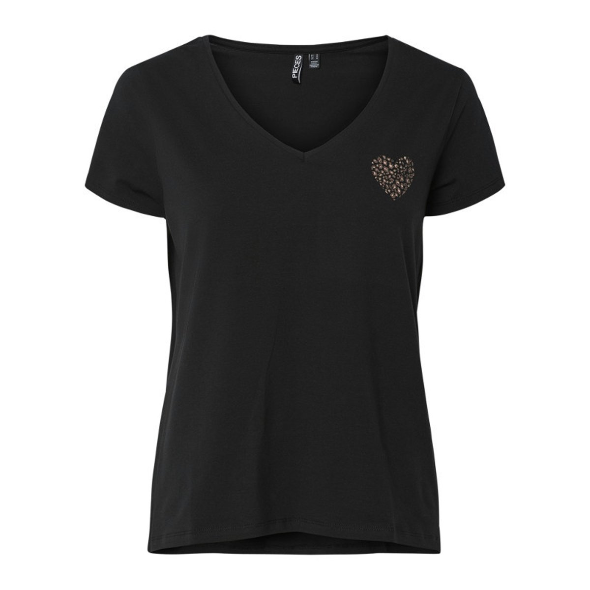 T-shirt col V, motif devant noir, PIECES