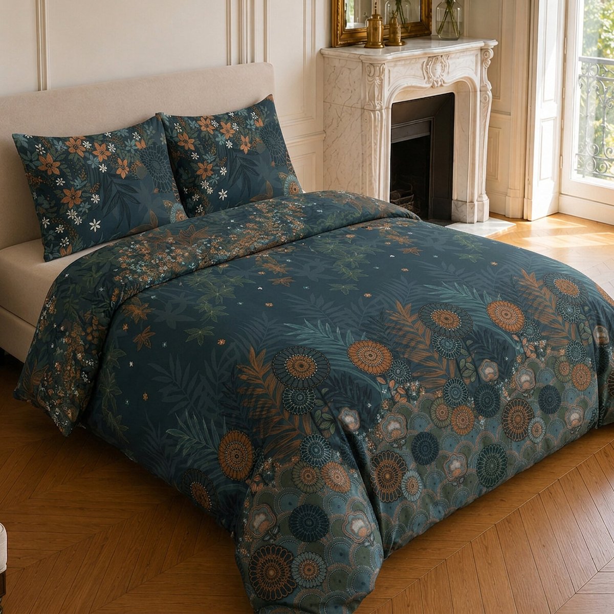 Parure de lit en microfibre motif floral, FLOWER NIGHT bleu nuit, C DESIGN HOME TEXTILE