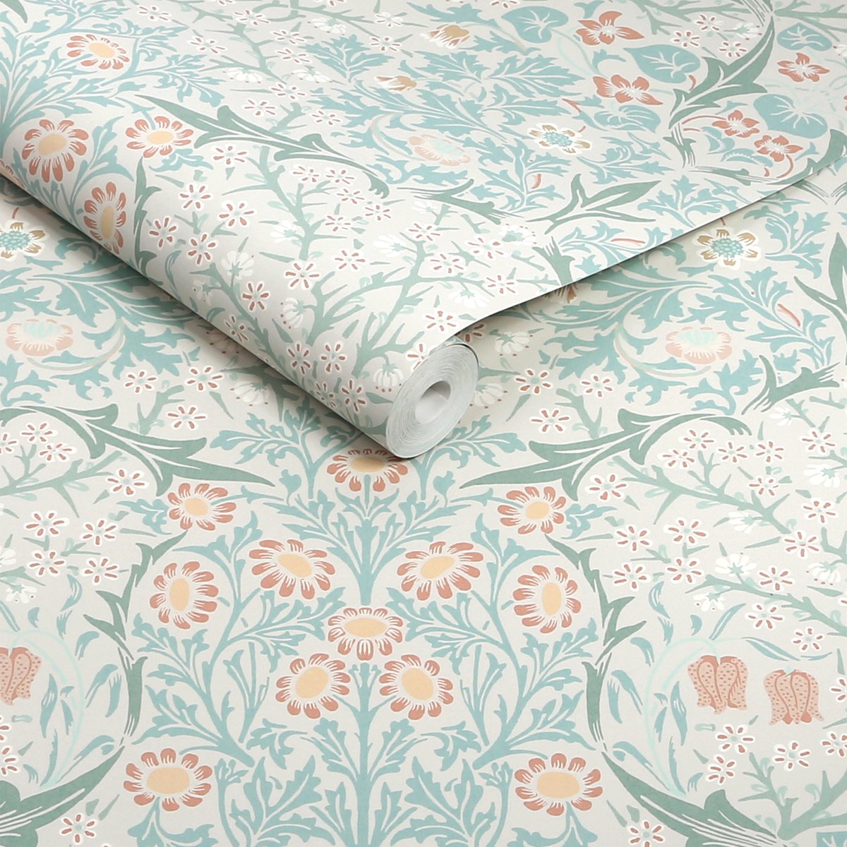 Papier peint Fleurs de prunellier au soleil de midi vert d'eau, ocre, oranger, WILLIAM MORRIS AT HOME
